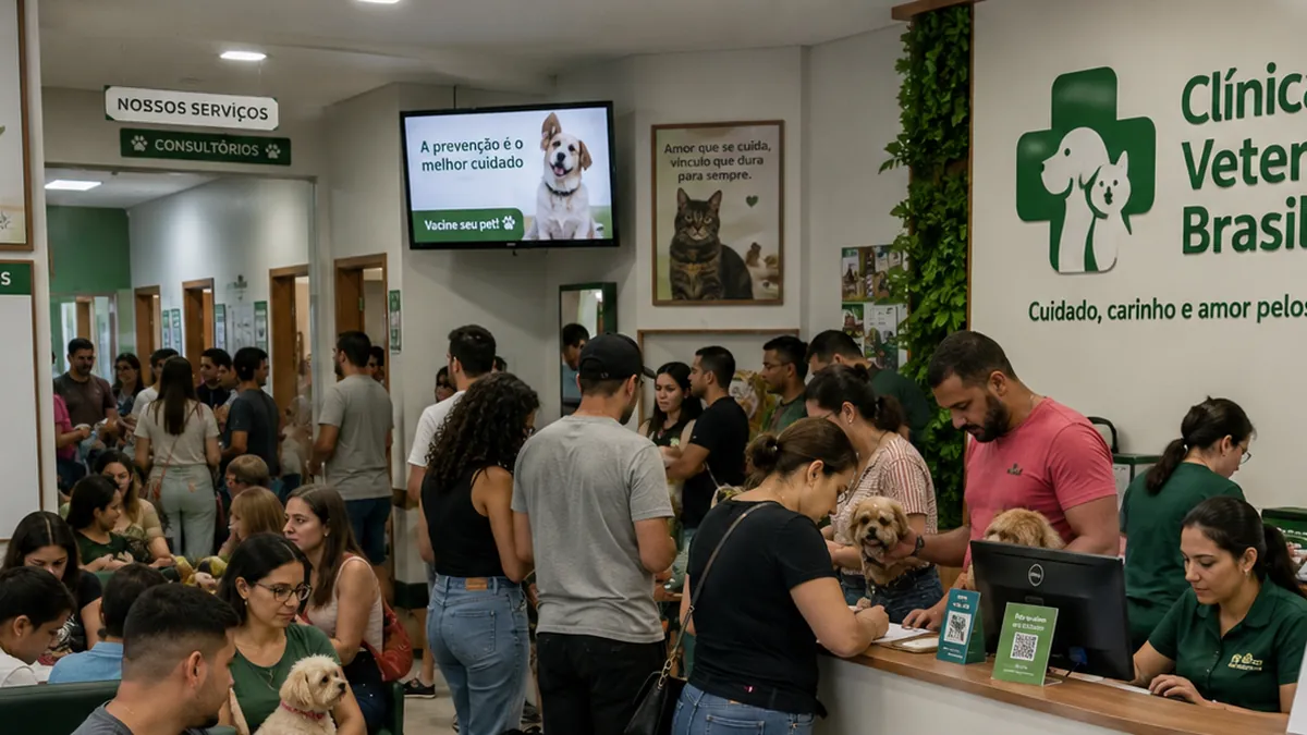 Recepção de clínica veterinária movimentada, com tutores e cães aguardando atendimento