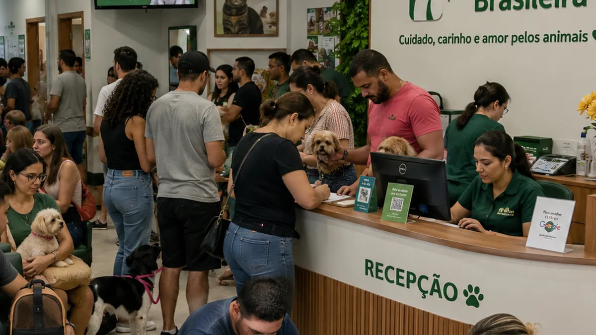 Recepção de clínica veterinária com tutores e cães aguardando atendimento