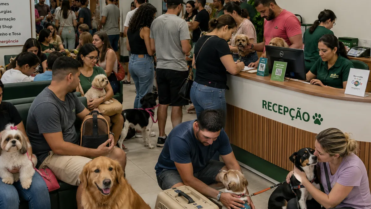 Recepção de clínica veterinária movimentada, com tutores e cães aguardando atendimento